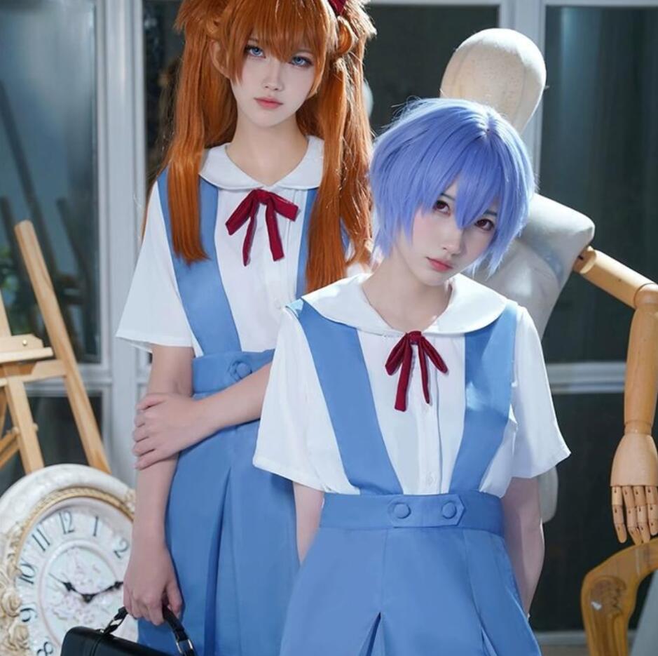 新世紀エヴァンゲリオン アスカ 綾波レイ 制服 ウィッグ コスプレ エヴァ コスプレイヤー 衣装 仮装 カツラ ハロウィン ブラウス ワンピース ジャンパースカート リボン 靴下