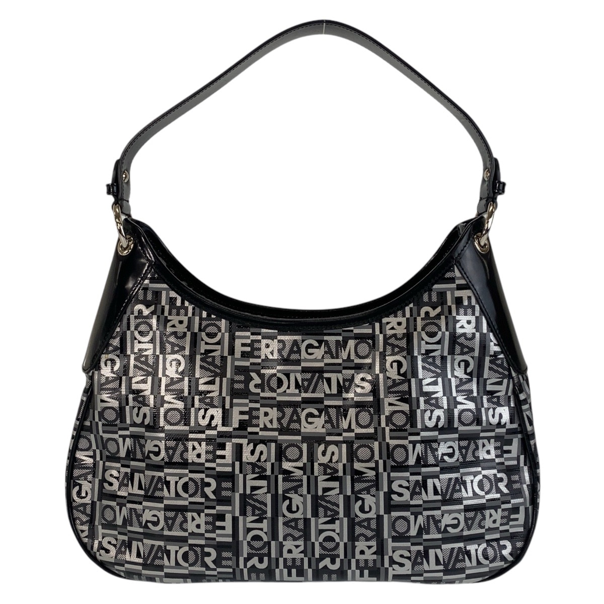 超美品 ブラック 黒 グレー シルバー金具 PVC ショルダーバッグ レディース 500546