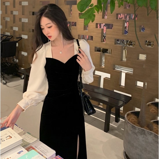 【取寄：納期2週間】長袖ワンピース ドレス レディースワンピース 長袖 秋服 冬服 エレガント 膝丈 フォーマル