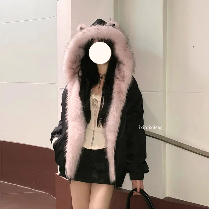 かわいいピンクの猫耳フード付き綿入りコートファーカラー付き秋冬にぴったり甘くてリバーシブル暖かくて厚手