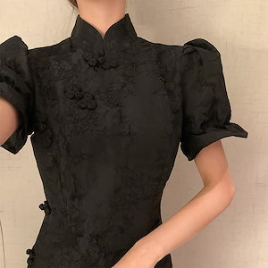 チャイナドレス ブラック改良版ドレス 2024 レディース春夏リトルブラックドレス