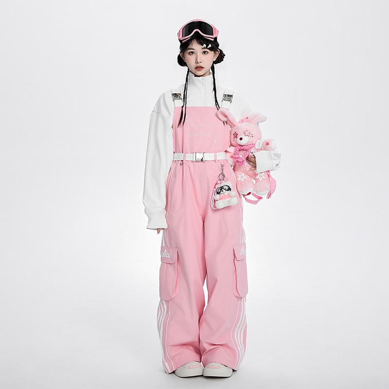 ストライプ柄 スノパンツ 2025 2026 ピンク サロペット スノーボードウェア レディース スキーウェア スノボウェア スキー