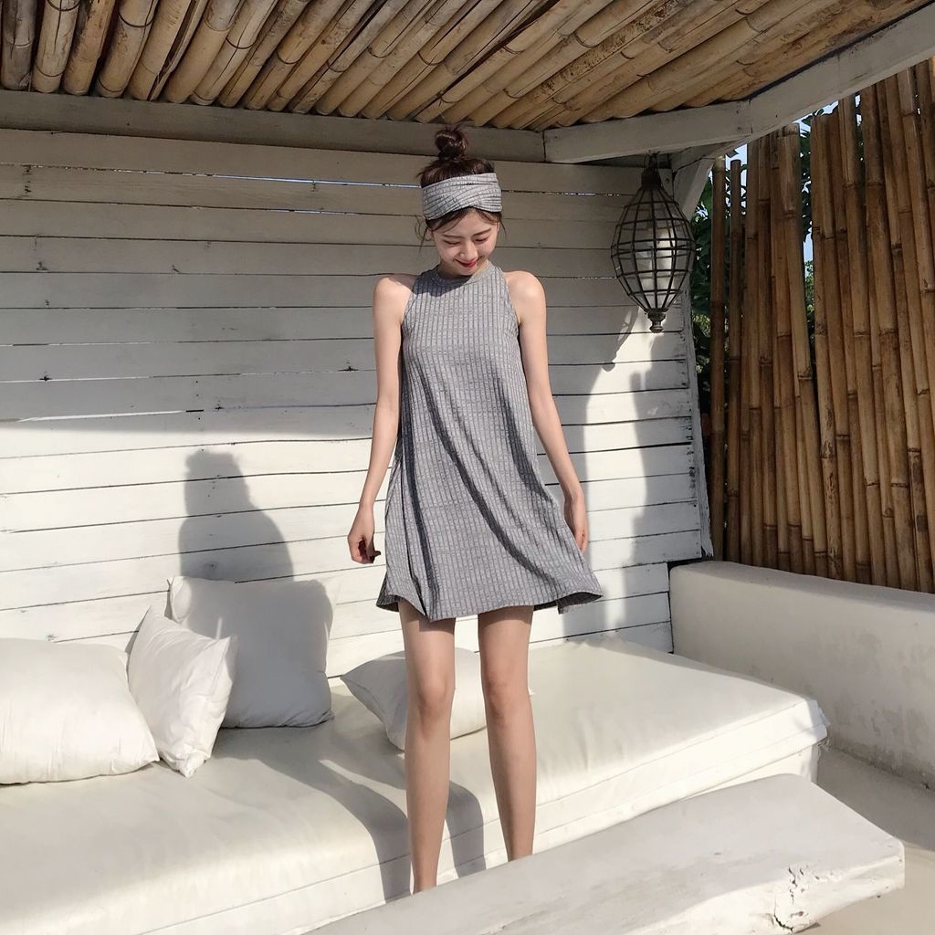 1662.ノースリーブミニAラインワンピース（グレー）2019 春夏 sale 通学 カジュアル 海 ビーチ プール 女子会 カフェ ランチ
