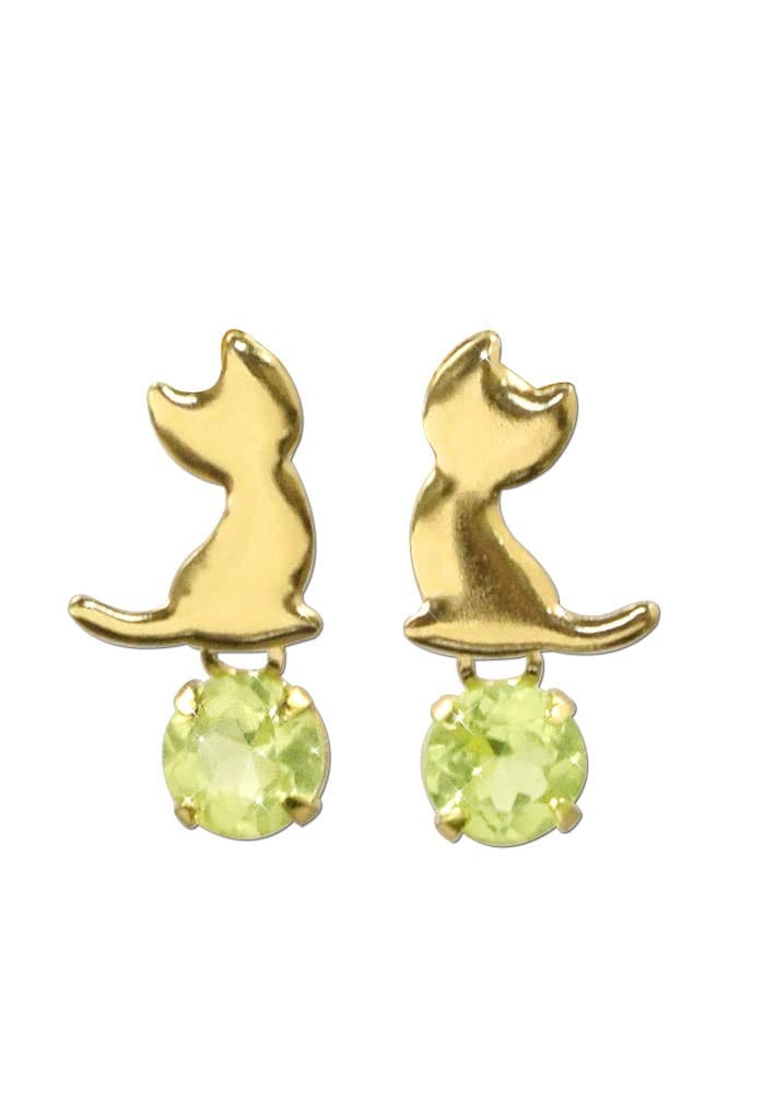 [四葉のクローバー] 18金 ペリドット 猫 ピアス 揺れるピアス 18k K18 ゴールド 8月 誕生石 ネコ ねこ キャット レディース 女性 キュート：Ma695