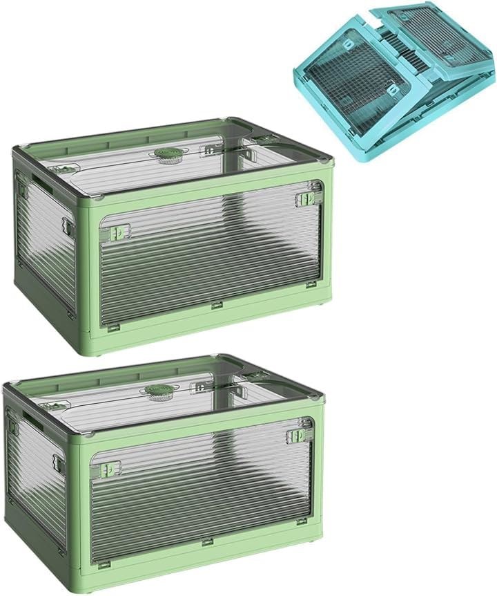 なんでも 収納 全方向開閉 収納ケース 収納ボックス 折りたたみコンテナ ぬいぐるみ 教科書 本 服 おもちゃ 漫画 tシャツ 推し活 箱 小物入れ(グリーン, 2段セット)