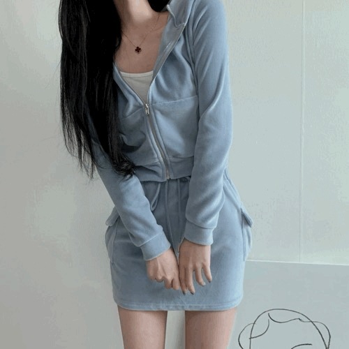 [セット価格] ベルベット パーカー ジップアップ カーゴ スカート セット