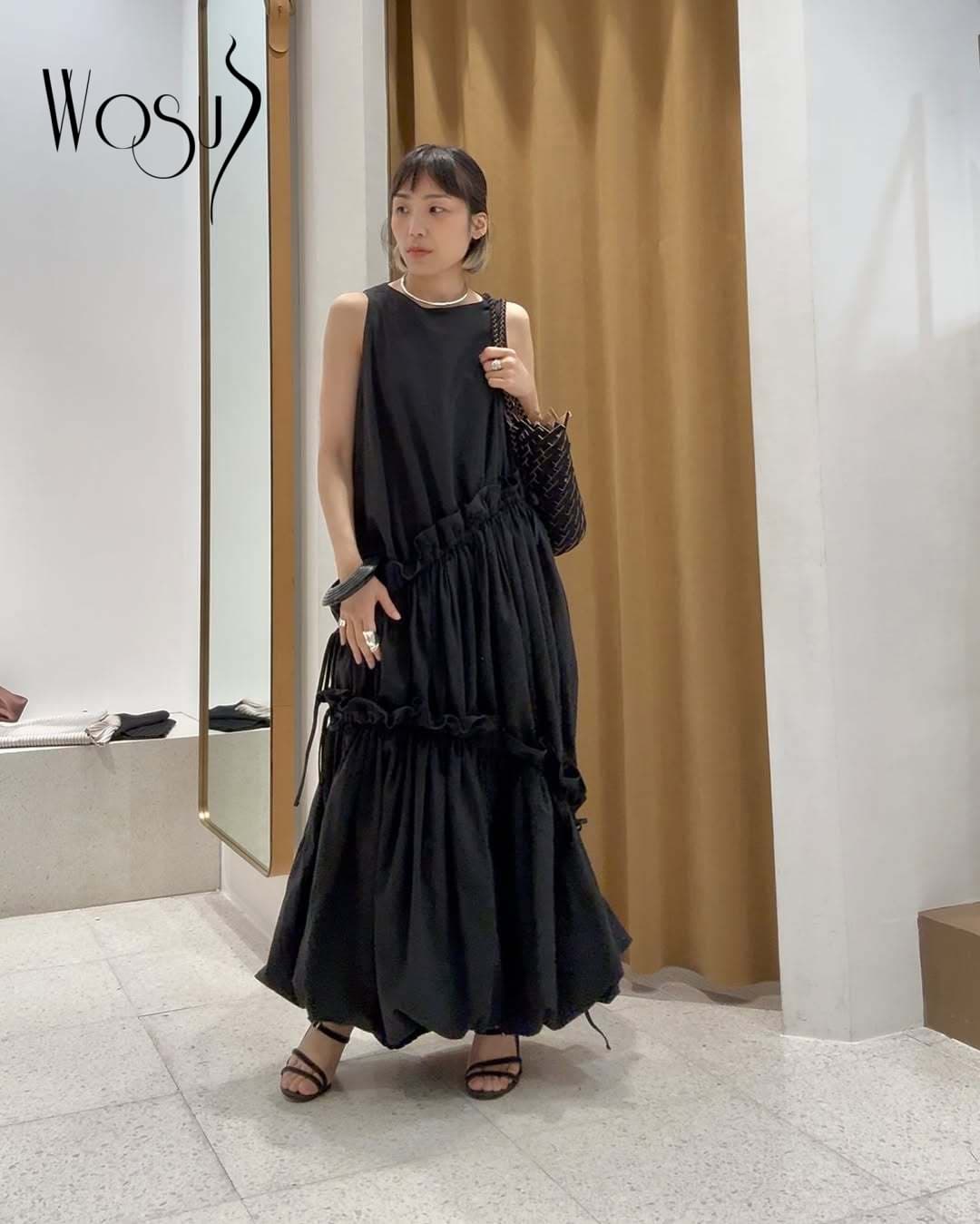 WOSU パリジェンヌ ルメール風 フリル レイヤード ワンピース カジュアル上品 ロング丈 上品フリル 重ね着風 大人パリジェンヌワンピ WS012
