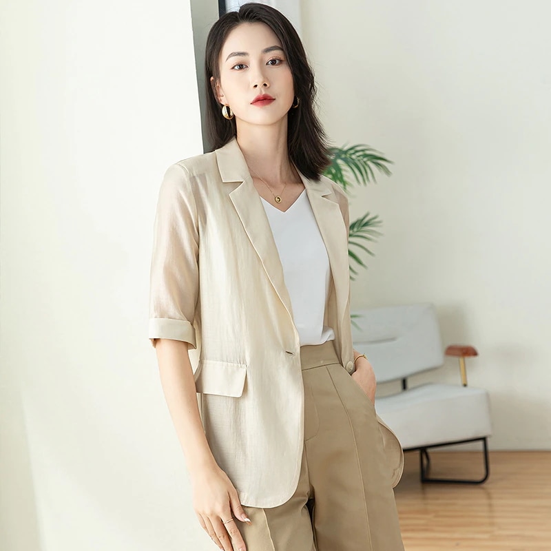 天糸春夏通勤新薄手単列ボタンシャンパン色スーツ襟ゆるいカジュアル半袖スーツ 夏でもブラウス