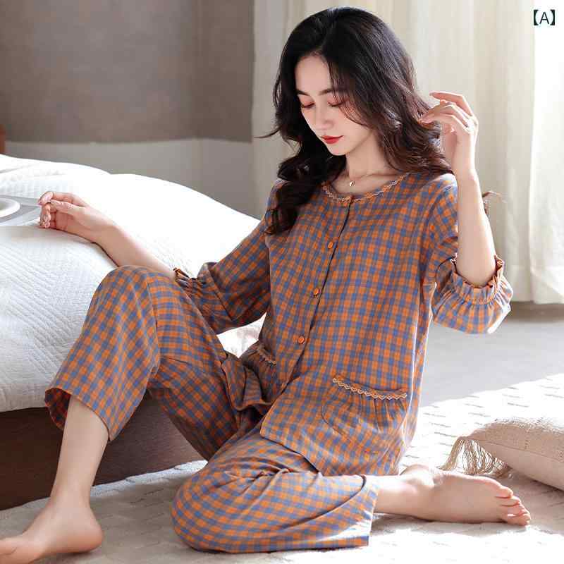 ママ　パジャマ　レディース 女性用 パジャマ 春秋 スタイル 織り 綿 七分袖 秋 薄手 中年のお母さん 夏の 長袖の 家庭 服