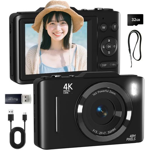 SRAR デジタルカメラ 4K 6800万画素 メモリーカード付属(32GB SDカード&ストラップ) プロ仕様の4K動画と48MP高精細写真を撮影可能