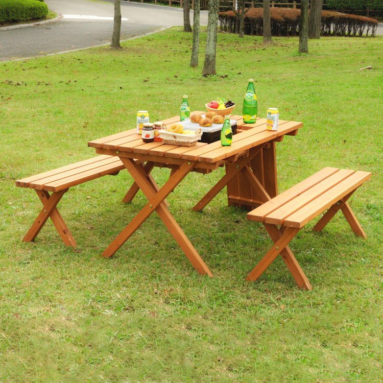 ガーデンテーブルセット おしゃれ コンロスペース付き ベンチ付き BBQ アウトドア 120×72×65.5cm ナチュラル