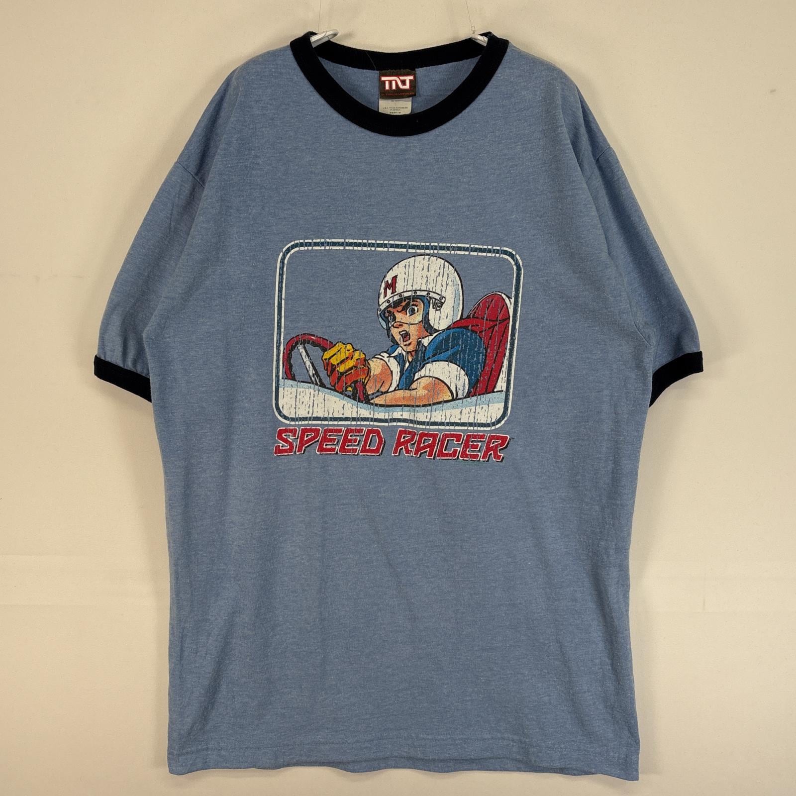 古着 00’s/00年代 マッハGOGOGO 半袖Tシャツ リンガー プリント アニメ SPEED RASER M 水色 ツートン メンズ
