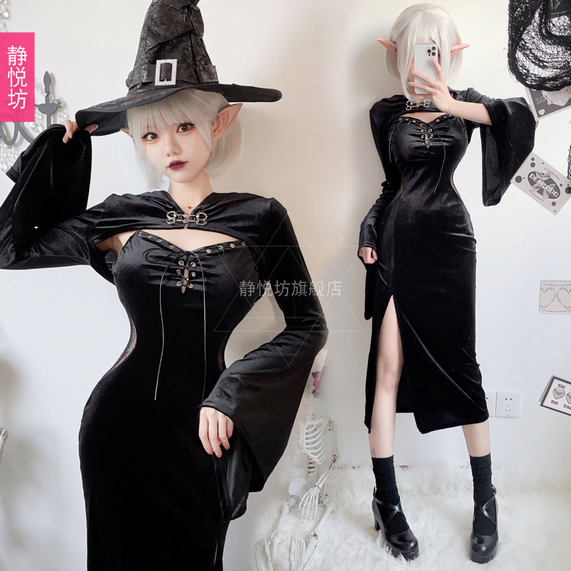 国境を越えたヨーロッパとアメリカのスタイルのダークゴシックハロウィンコスチューム黒ドレスロングスカート女性魔女吸血鬼花嫁ドレス