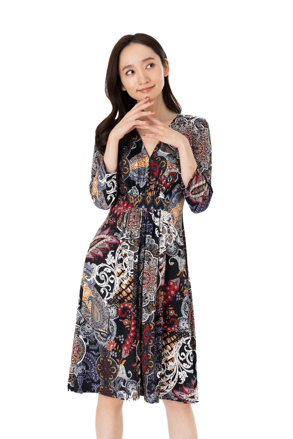 エジェリ(EGERIE)ワンピース T1 T2 T3サイズ 七分袖 膝丈ワンピース ドット柄 Vネック ジャージー素材 レディース ブラック