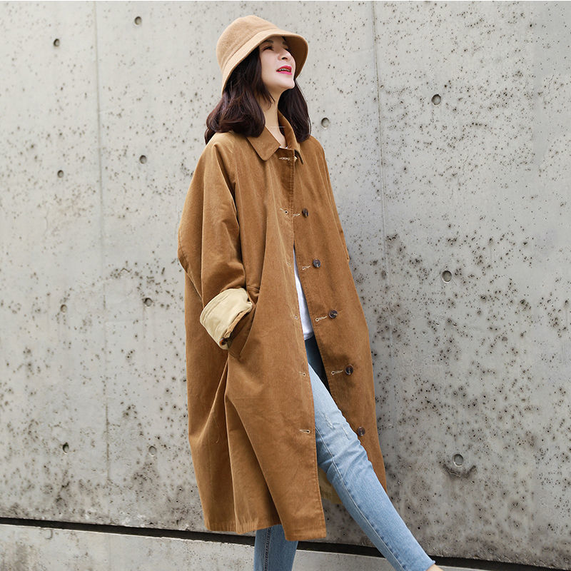 【3日出荷】トレンチコート ジャケット セミロング コート 立ち襟 コーデュロイ 両面着用 秋新作 ゆったり 百掛け 高級感 快適 レディース 日韓 文芸風