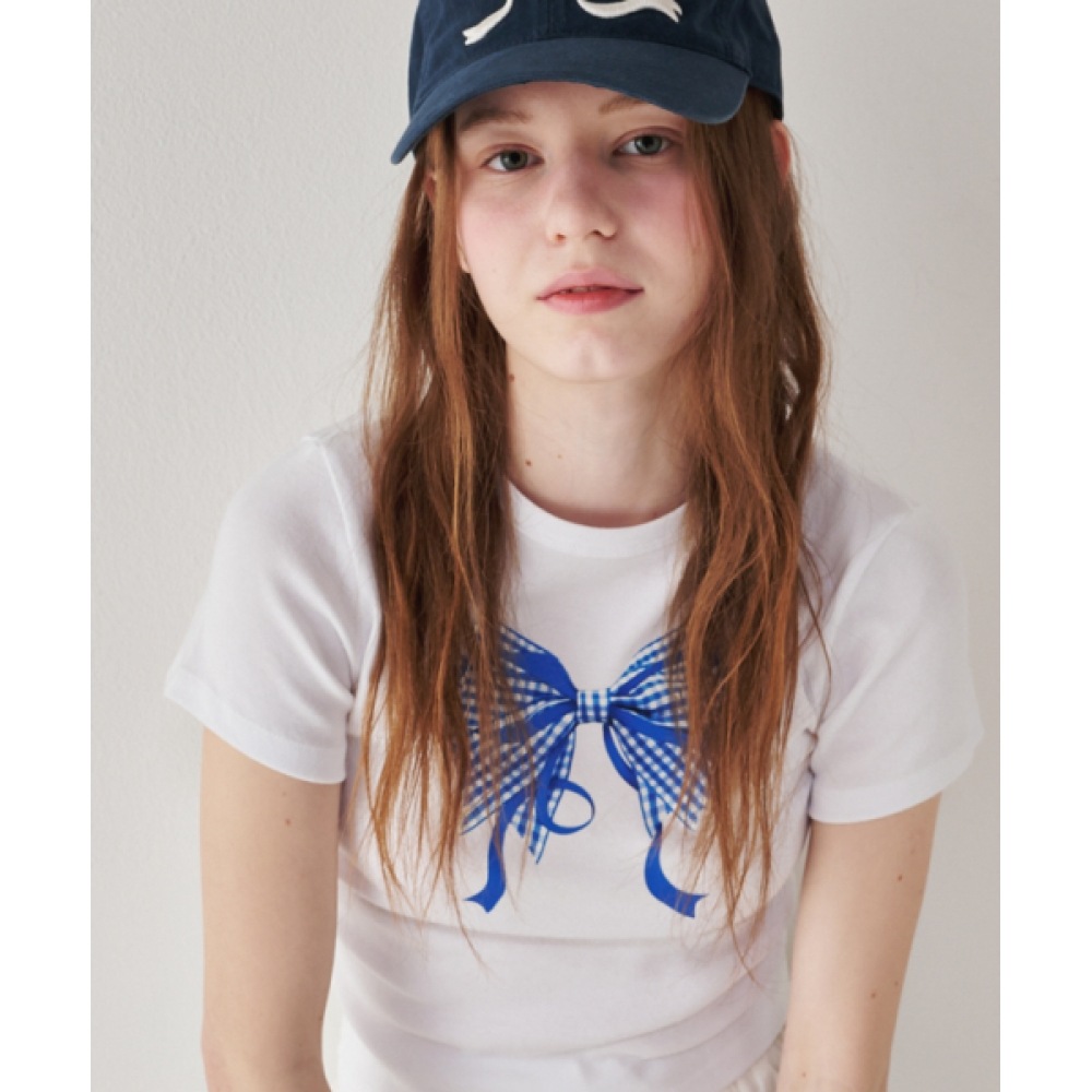 Ronron ギンガムダブルリボンスリムクロップ T シャツホワイトブルー