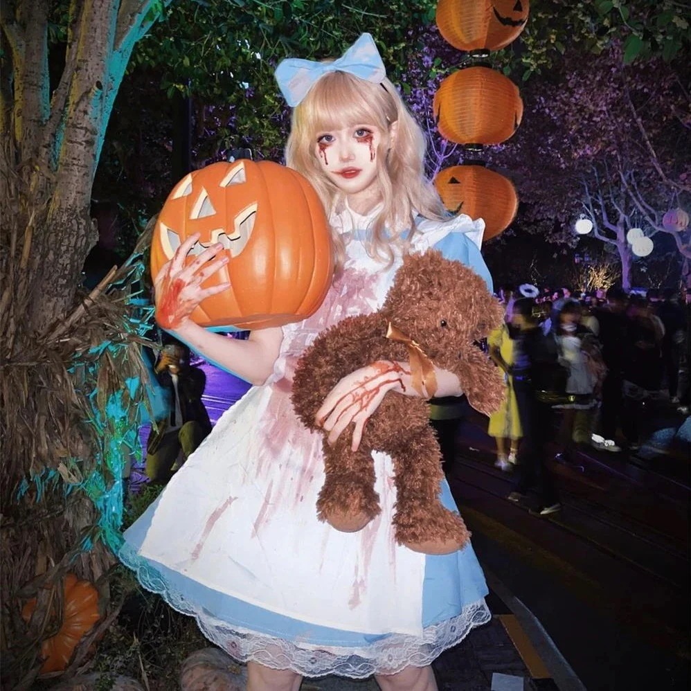 ハロウィン ブラッディ アリス コス 衣装 ロリータ キュート ブラック ホラー ワンダーランド メイド プリンセス ドレス
