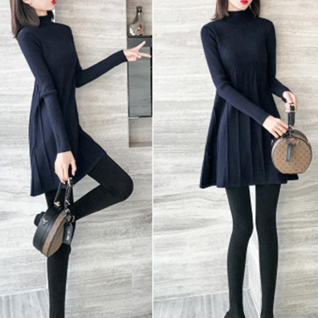 [入荷]長袖 ニットワンピース レディース ハイネック Aラインワンピース ショート丈 ブラック ネイビー ミニワンピース ニット 20代 30代 可愛い 春