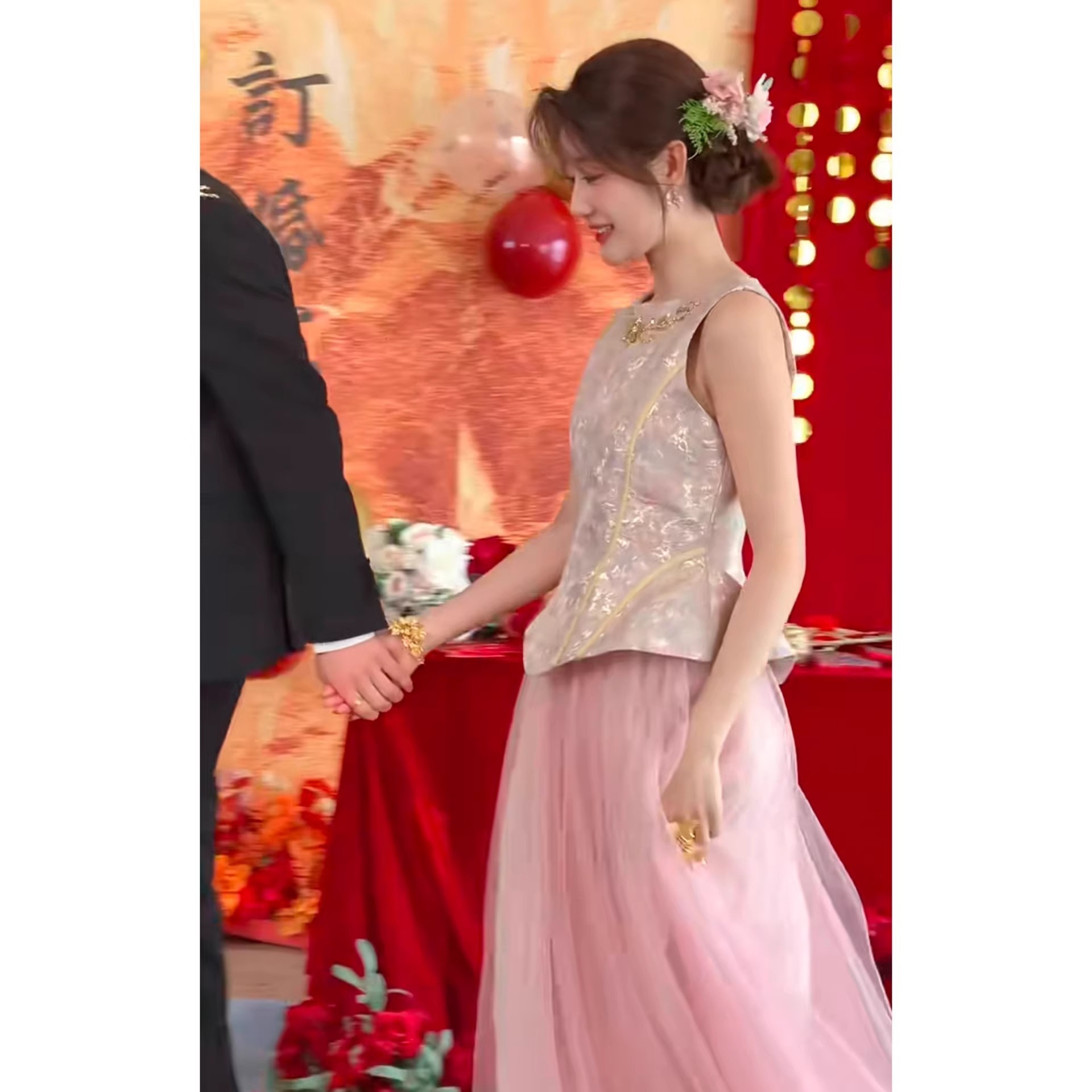 ネオ和風 軽紗 ドレス 婚約 セット 新作 上品 ピンク 披露宴 新婦 モーニングガウン 高級感