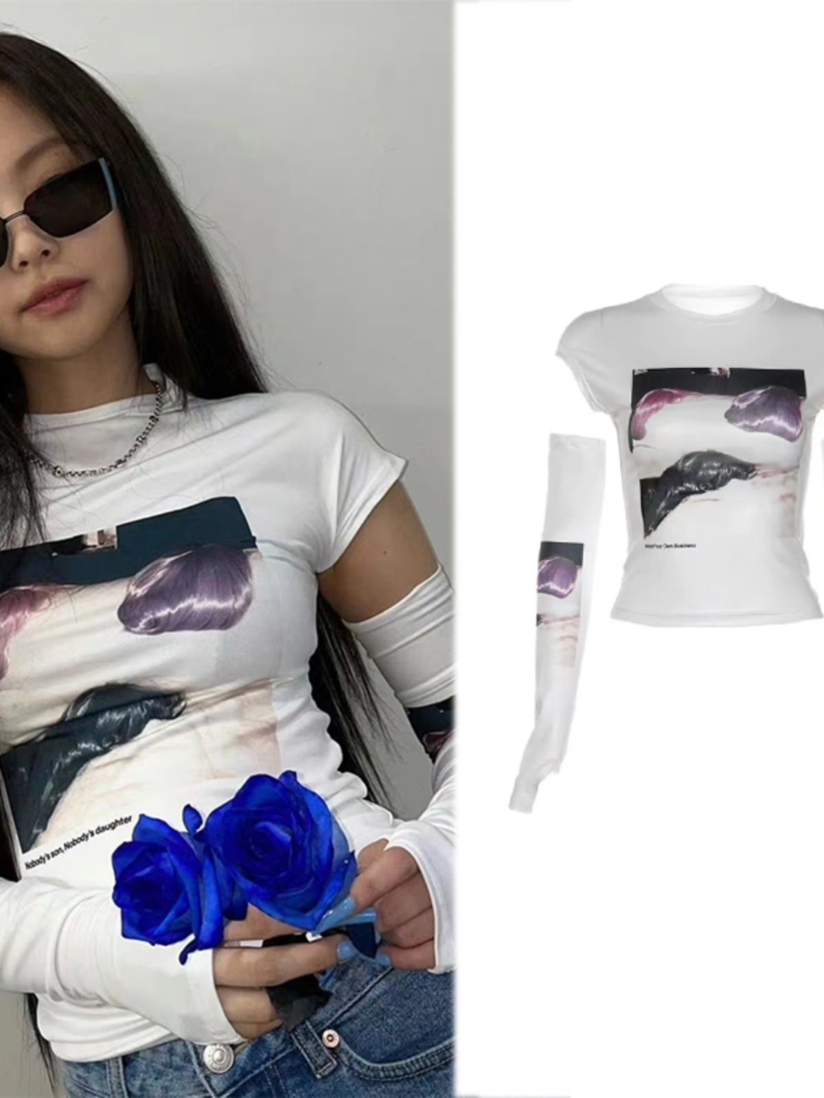 Jennie Jin ジェニー夏焼け止めツーピーストップス半袖プリント多用途長袖女性用