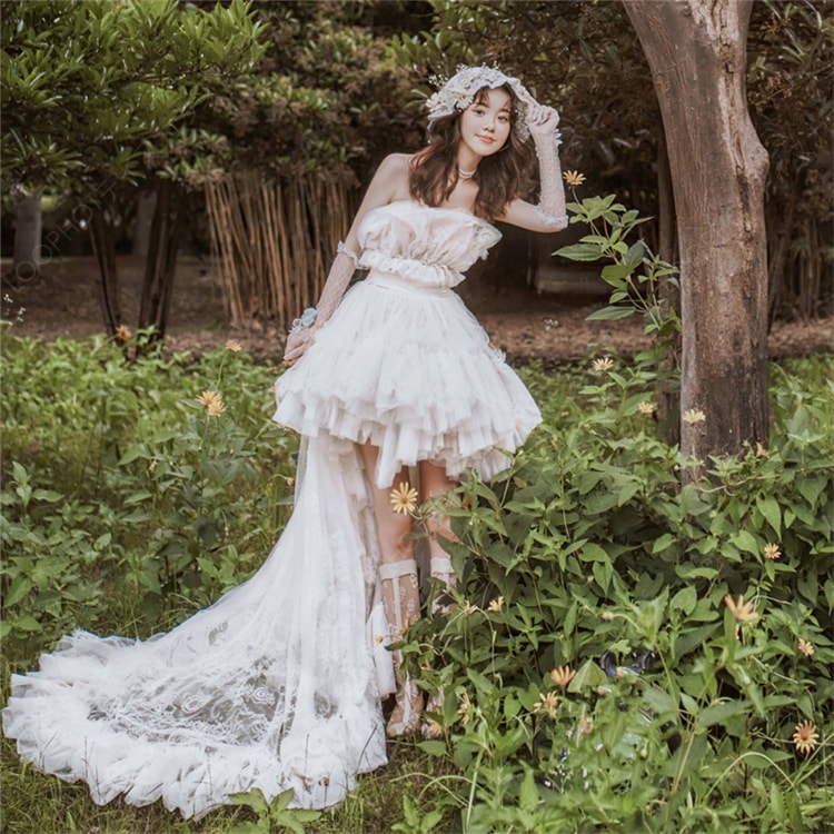 ウェディングドレス ミニ丈 前ミニ トレーン チュールドレス シンプル 前撮り ブライダル 結婚式 二次会 披露宴 花嫁 旅行 撮影 リゾートウェディング 可愛い-65