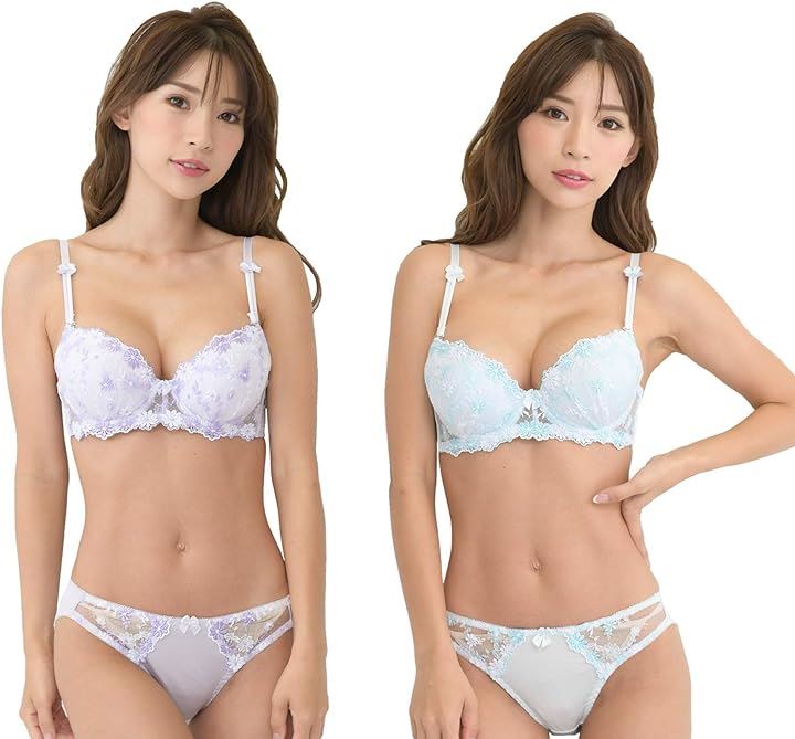 レディース ブラ ブラジャー ショーツ 下着 上 セット 女性 カップ 取り外し( ブルー＆パープル, B80)