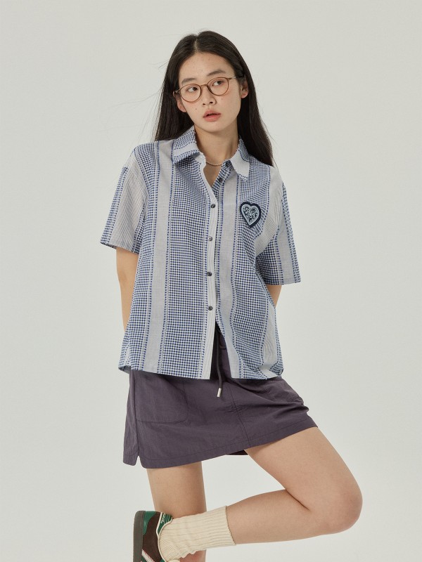 オモント エッグタルト レトロ 半袖シャツ レディース 春新作 ラブ刺繍デザイン シャツ トップス