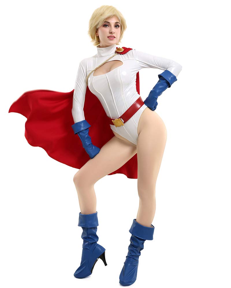 Miccostumes 女性 スーパーヒロイン コスプレ 衣装 ボディスーツ 白い レオタード ケープ付き (L)
