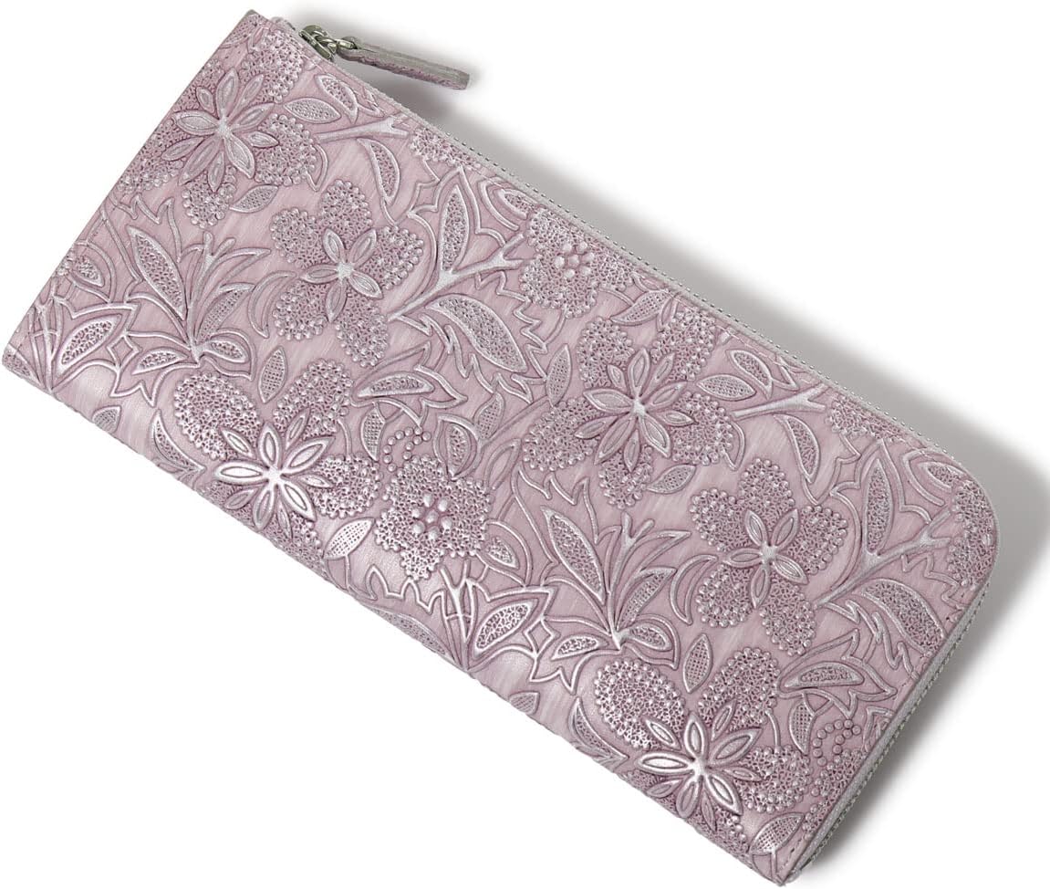 [アルカン] 長財布 L字ファスナー 本革 レディース クレア 1416-660 日本製 薄型 花柄 パール 型押し エンボス 牛革 レザー 【73】 ラベンダー