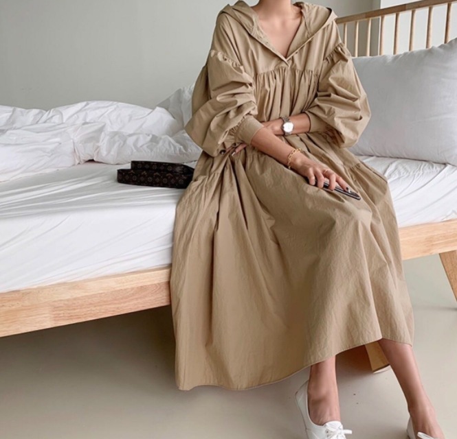 フード付きシャツワンピース ワンピース 長袖 ランタンスリーブ ロング丈 Aライン ふわふわ プルオーバー 無地 ハイウエスト ルーズ 韓国 レディース オルチャン 可愛い 大人可愛い