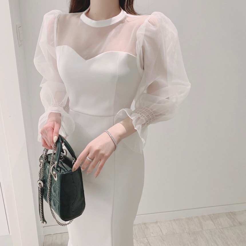 ドレス パーティードレス イブニングドレス 韓国 レディース 長袖 パフスリーブ ミディアム丈 ハイウエスト メッシュ 透け感 ウエストマーク 可愛い 大人可愛い きれいめ 大人 上品