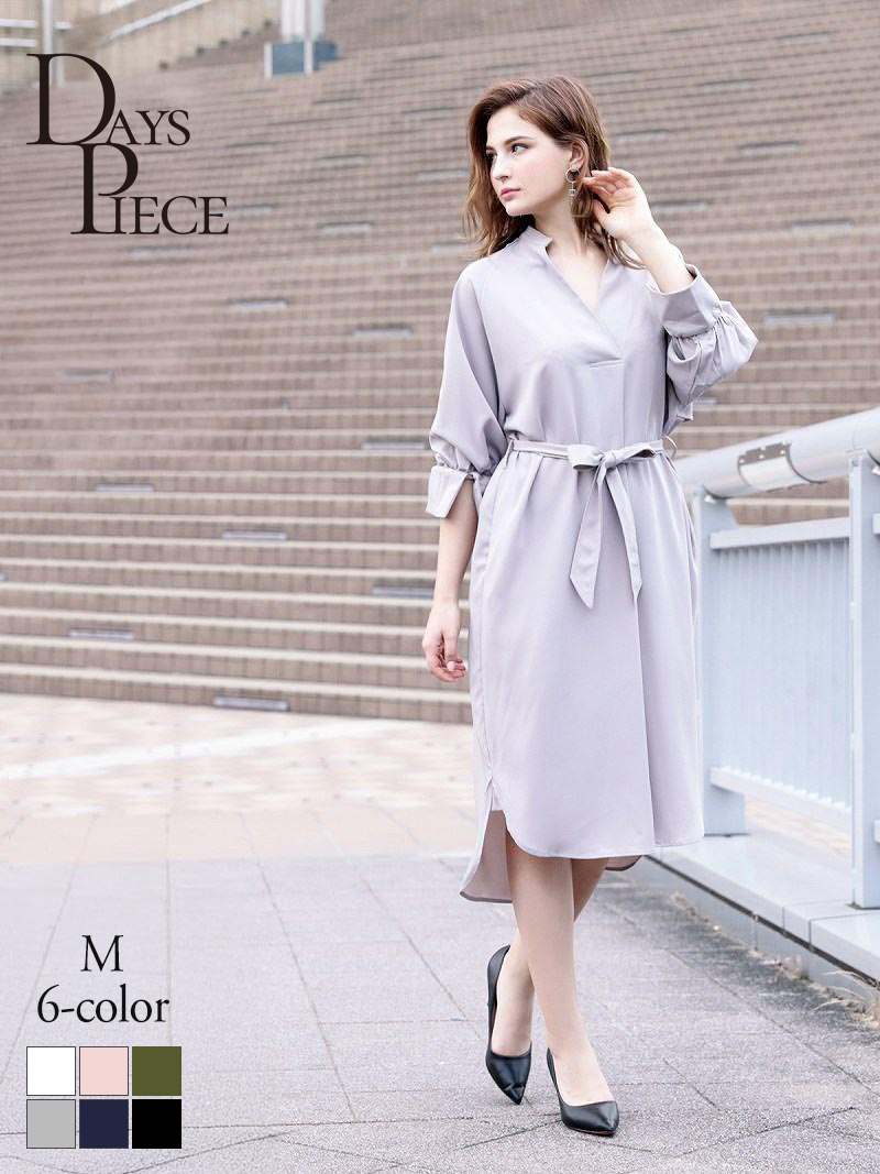 ワンピース キャバドレス ワンピース 膝丈 ミディアム丈 袖付き 五分袖 袖ギャザー 袖コンシャス ウエストリボン キャバ 私服ワンピース DaysPiece