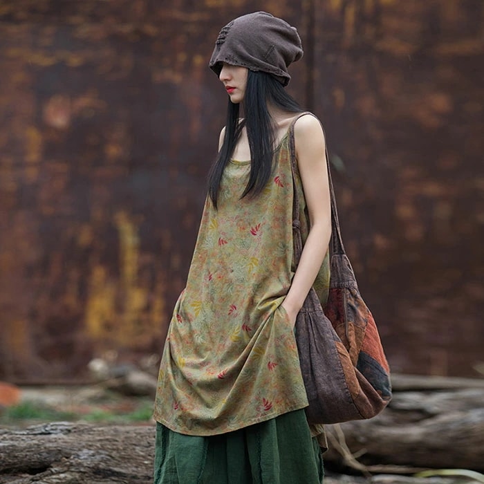 リネン キャミソール ワンピース ノースリーブ 麻 レディース 大きいサイズ 春 夏 きれいめ 花柄 着痩せ 女性用 体型カバー 吸汗 通気 おしゃれ レトロ 薄手 OL通勤 旅行 海 母の日 プレゼ