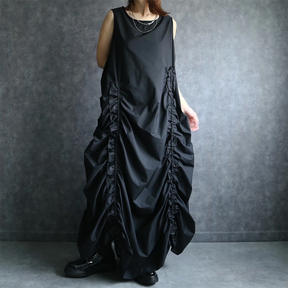 ドロスト ノースリーブ ワンピース レディース ロング aライン ギャザー カジュアル 黒 モード ゆったり 体型カバー フリーサイズ