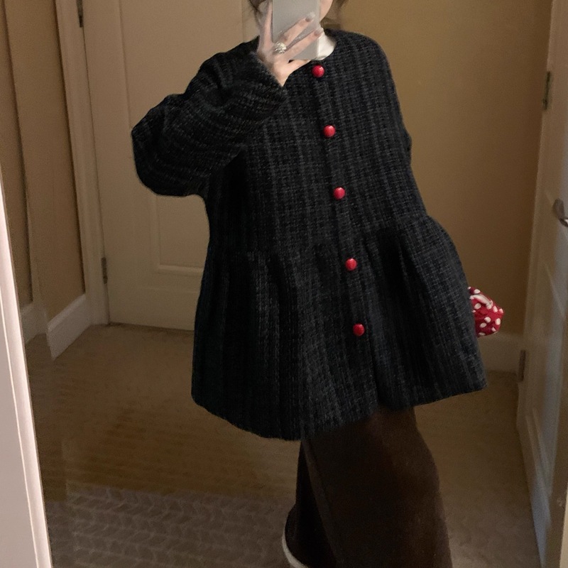 雑多な小豆のセーターに綿の毛を挟んだウールのコートコートラウンドネックのデザイン感