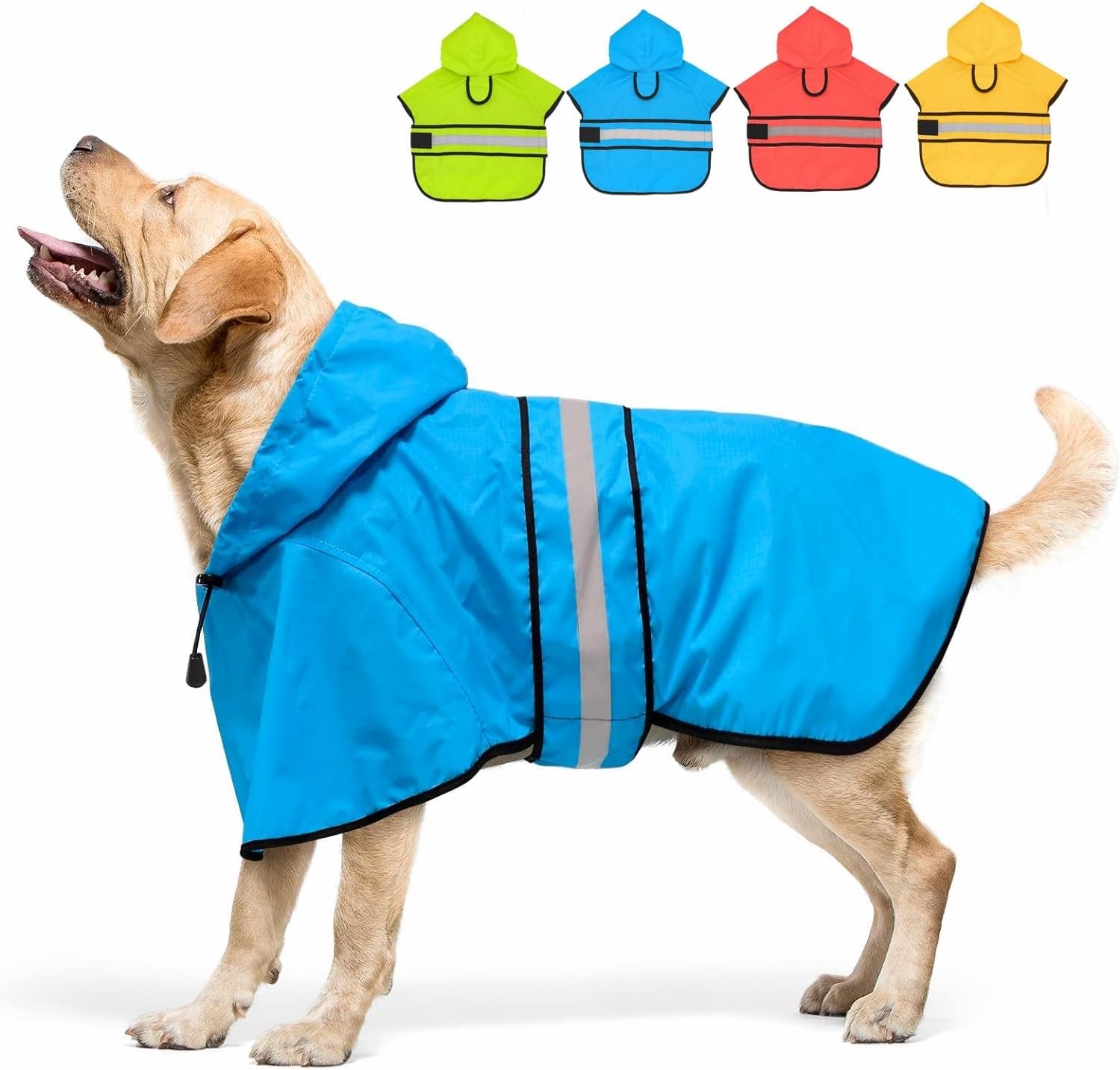 防水 犬用レインコート フード付き 反射素材 サイズ調節可能 軽量 小型・中型・大型犬用 (L, 青)