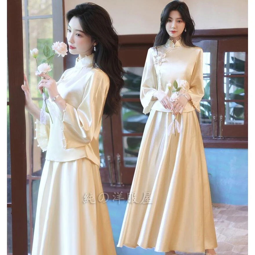 中華服 上下2点セット レディース チャイナ服 七分袖 チャイナカラー トップス ロングスカート シャンパン色 チャイナドレス 光沢感有り チャイナ風プライズメイとても安い