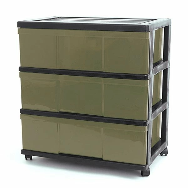 完成品 ワイド 収納ケース プラスチック 引き出し 3段 おしゃれ ブラック／カーキ キャスター付