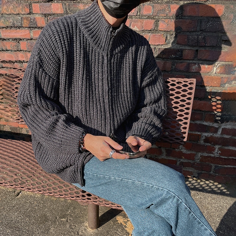 ハーフハイネックカーディガンジャンパーメンズ秋の韓国語バージョンの緩いトレンド風カジュアルニットジャケット