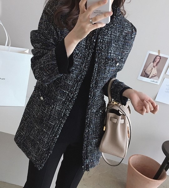 5157.ツイードフリンジジャケット（ブラック）2019 春夏 sale 春夏 sale アウター ジャケット 美ライン おしゃれ カジュアル ミディアム フォーマル エレガント オフィス ビジネス