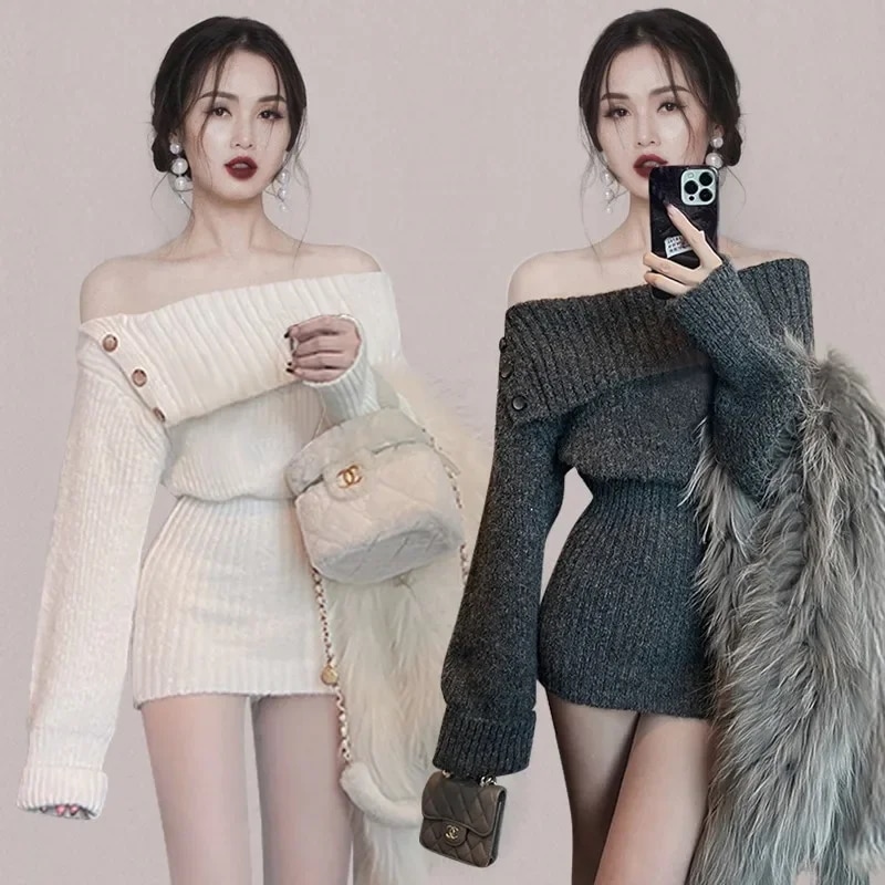 女性のための裸の肩を持つニットのタイトなスカート,セーター,ファッショナブル,アメリカンスタイル,セクシー,秋,冬,新しいコレクション - 200000345