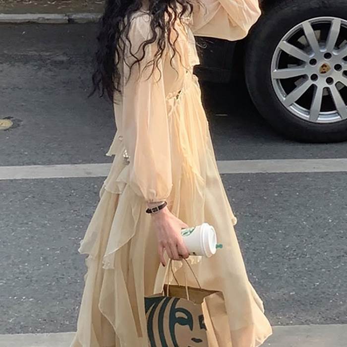 セットアップ ワンピース ドレス 上下セット レディース ロング丈 ワンピ Aライン フレア 長袖 トップス シフォン フリル かわいい 大人可愛い ベージュ きれいめ 大人 レトロ 可愛い ラブリー