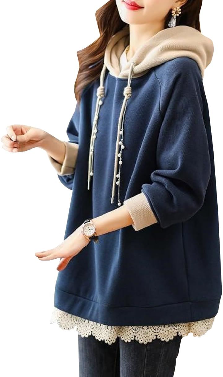 パーカー プルオーバー フード付き レース トップス フェイクパール レディース(ネイビー, 4XL)