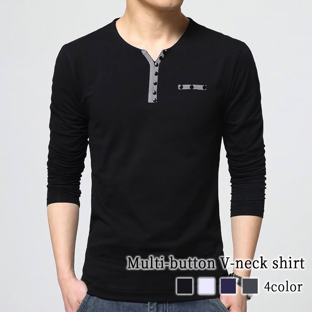 Tシャツ メンズ マルチボタンVネックシャツ ブラック 暖かい ティーシャツ おしゃれ ゆったり 肌着 秋 カジュアル 人気 ブランド スポーツ Vネック おすすめ 無地 ワッフル 長袖 ジャケット
