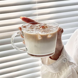 ハンドル付き風縦縞ガラスコーヒーカップ大容量コールドドリンクカップ朝食カップミルクカップ