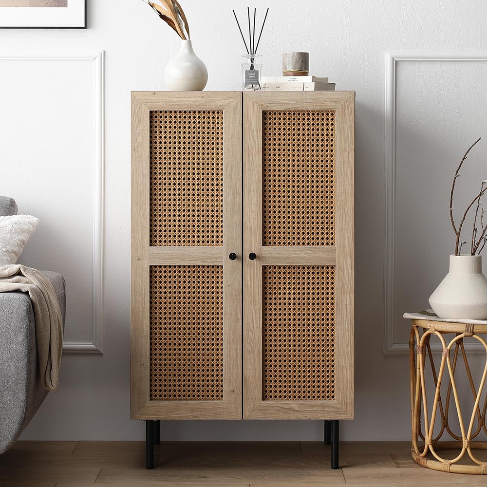 チェスト キャビネット トール 収納棚 幅60cm ナチュラル ラタン調扉 大容量 サイドボード リビング 木製 スチール 組立品