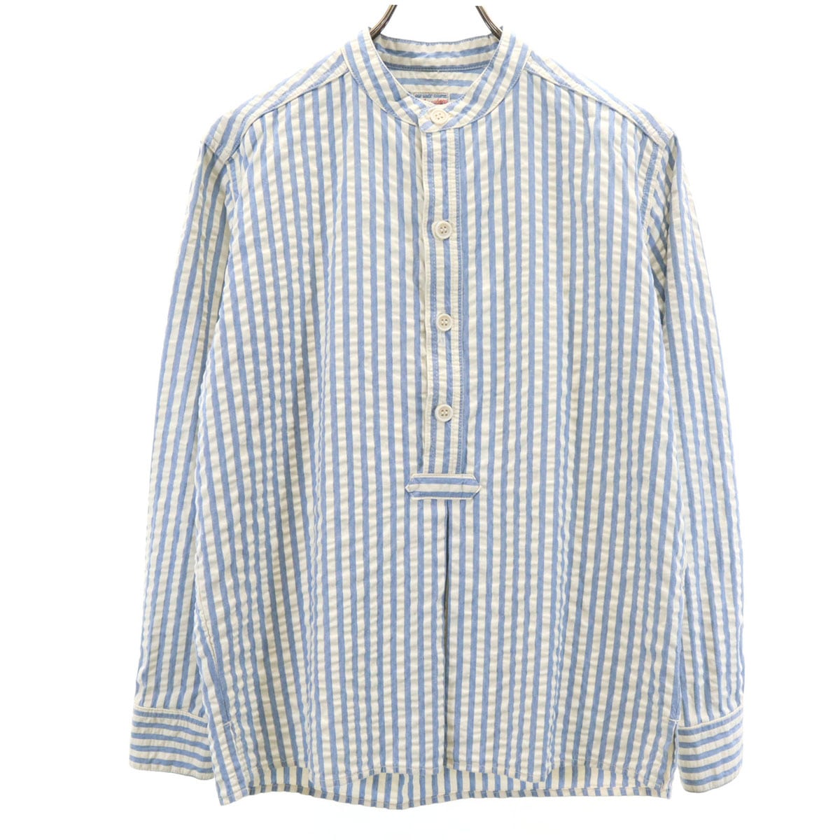 MOMOTARO JEANS 桃太郎ジーンズ ストライプ柄 長袖 プルオーバー バンドカラーシャツ 36 ホワイト シアサッカー メンズ 古着