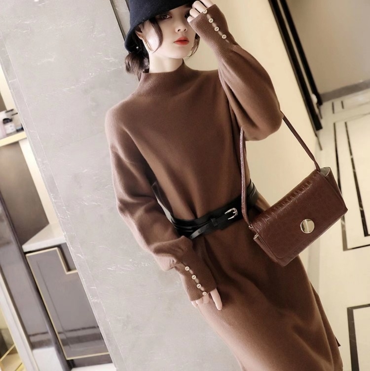 スリット入りニットワンピース ハイネックワンピース ４連ボタン カジュアルニットワンピース スカート ワンピース ニットソー セーター プルオーバー オールインワン ロングスカート ニットスカート