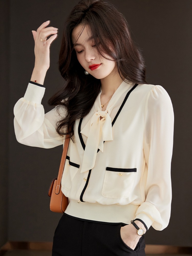シフォン リボンタイ 重ね着風 ブラウス トップス カットソー 白シャツ 長袖 Vネック ドッキング 可愛い きれいめ シンプル 上品 おしゃれ かっこいい レトロ 可愛い 女子
