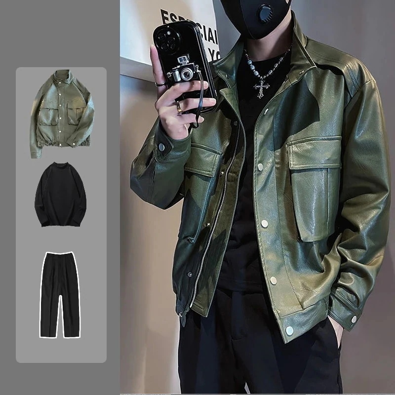 24新作 おしゃれ 3点セット感 皮ジャケット+インナートップス+ロングズボン セットアップ メンズ カジュアル ハンサム 上下セット